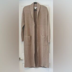 LONDON KAYE Cardigan Maxi Knit Camel Brown Chevron LS Open Front Pkts  Sz L XL